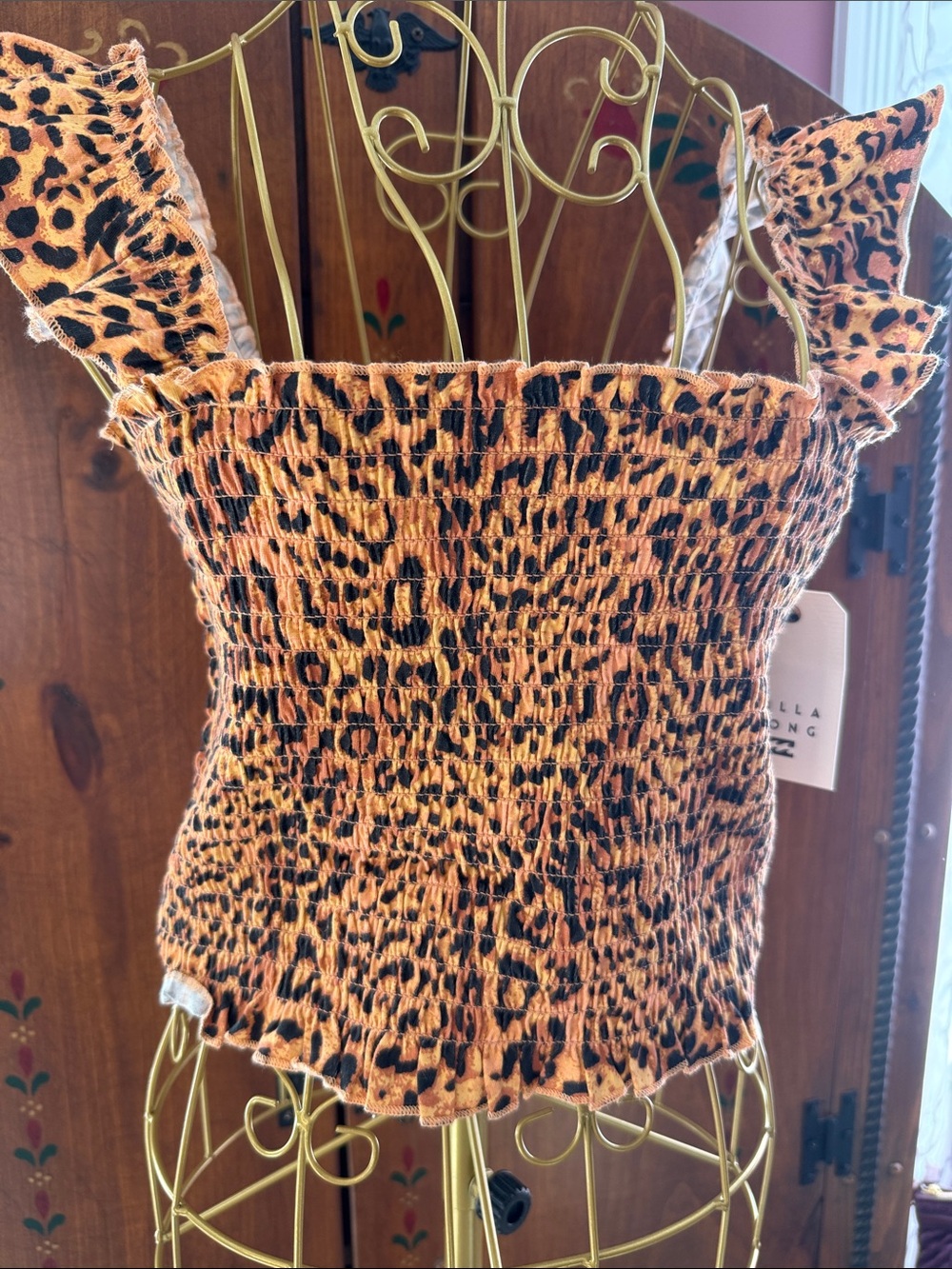 Billabong Orange Leopard Smocked Crop Top nwt lg sku44